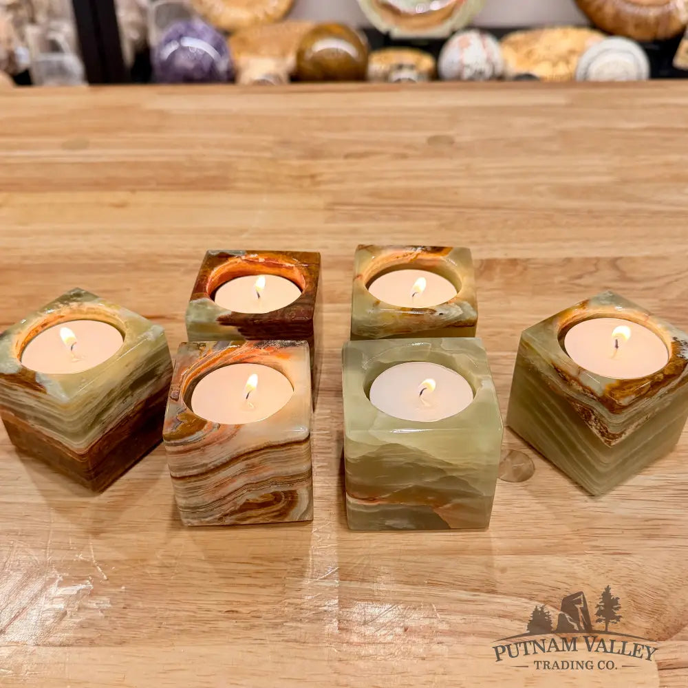 Green Banded Calcite Square Candle Holder - Candle Holder