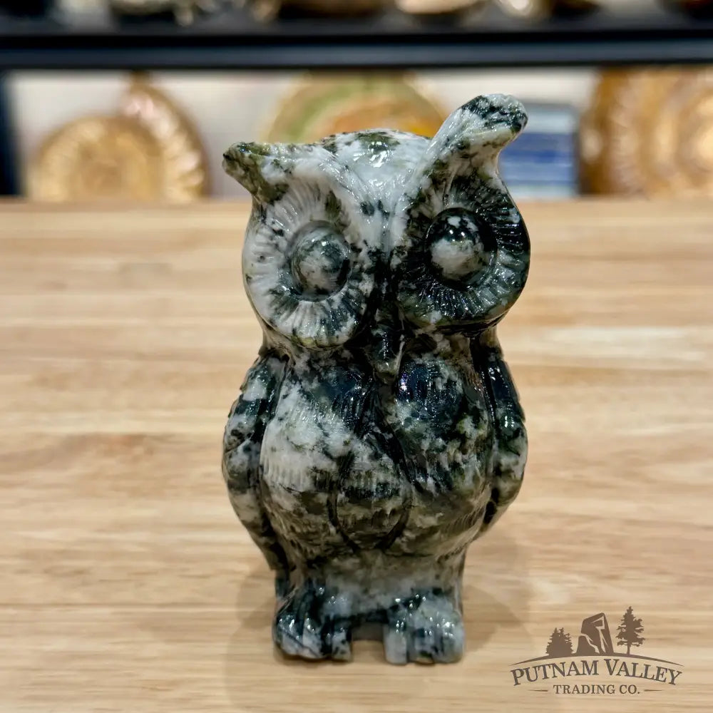 Hand-Carved Dendritic Serpentine Owl - Carved Object