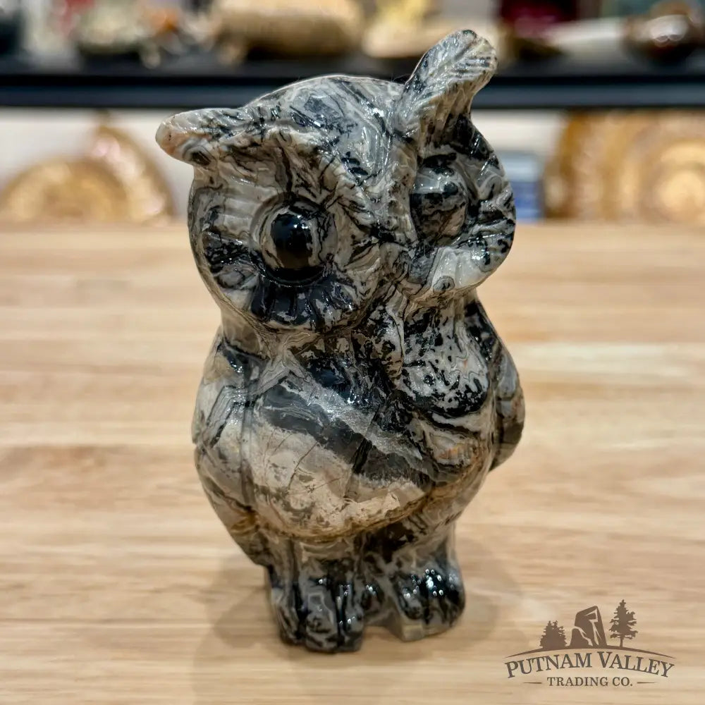 Hand-Carved Dendritic Serpentine Owl - Carved Object