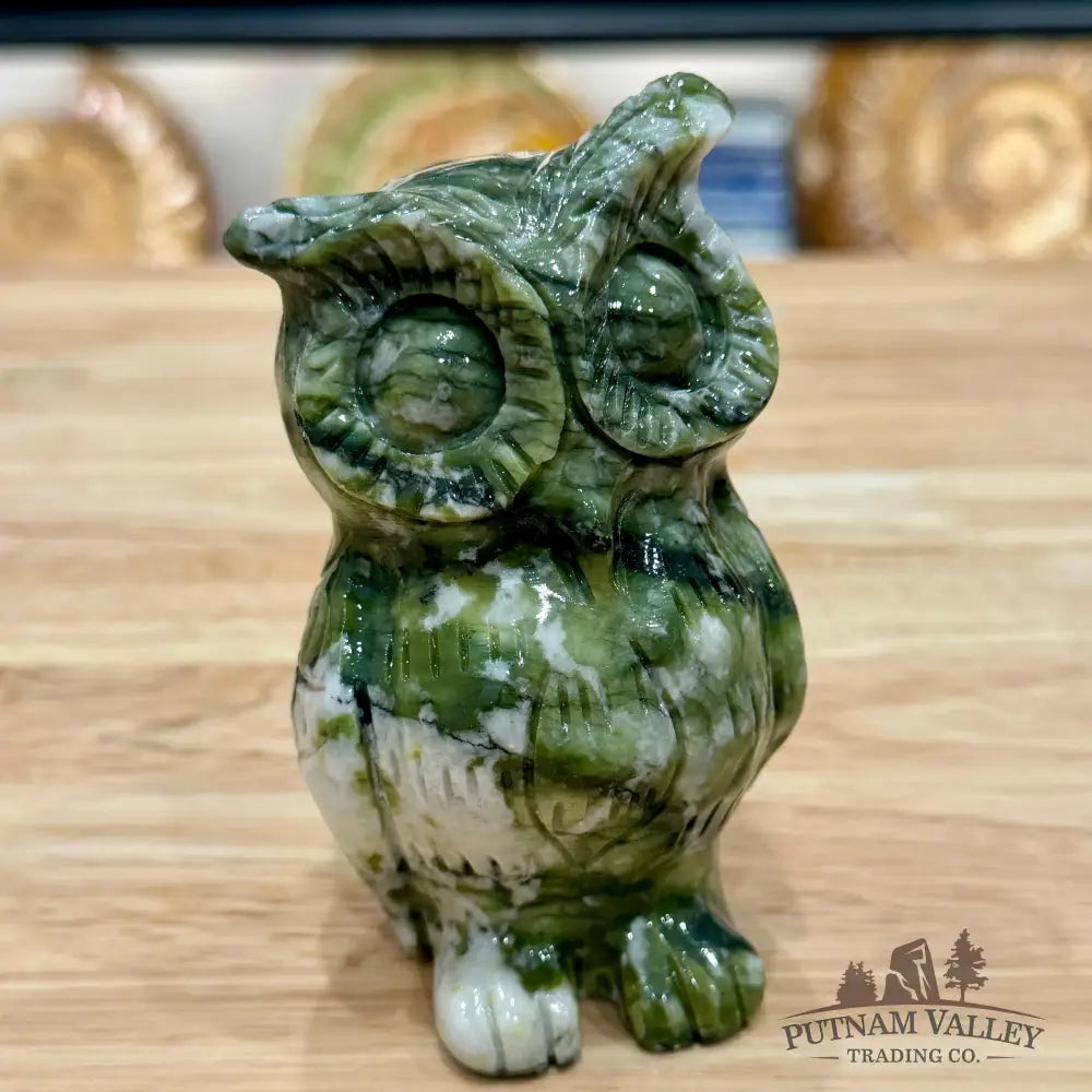Hand-Carved Dendritic Serpentine Owl - Carved Object