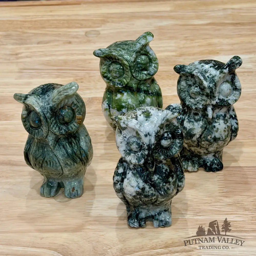 Hand-Carved Dendritic Serpentine Owl - Carved Object