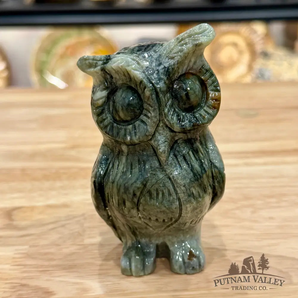 Hand-Carved Dendritic Serpentine Owl - Carved Object