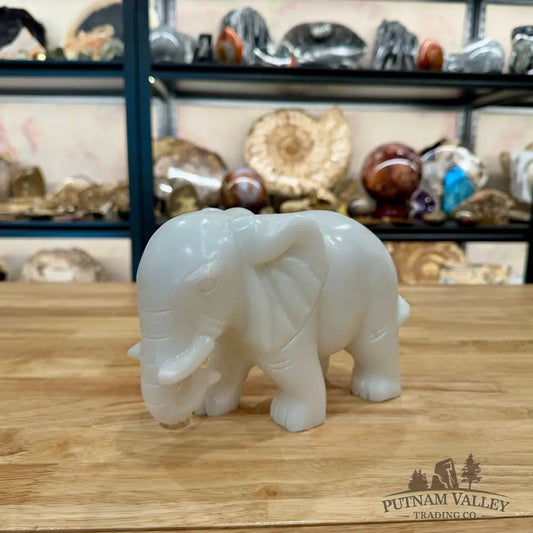 Hand-Carved White Nephrite Jade Elephant Sculpture