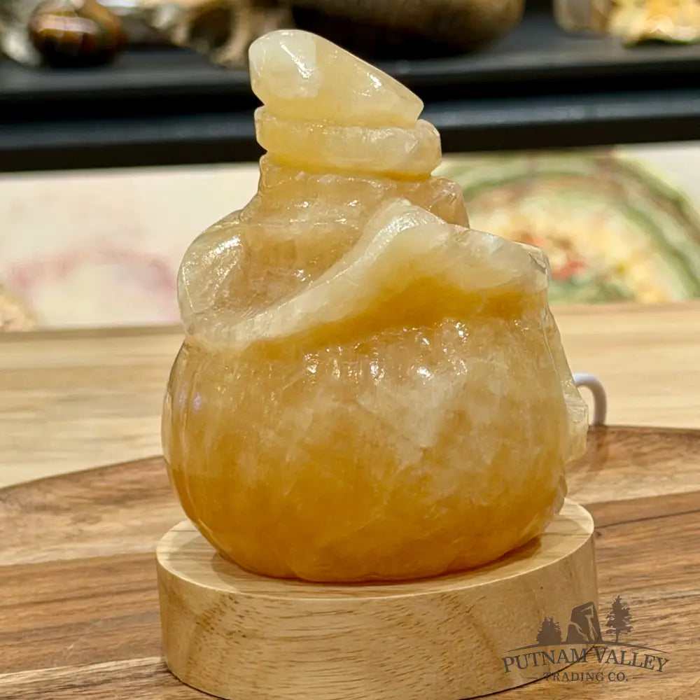 Honey Calcite Jack-O’-Lantern Lamp | Carved Stone Pumpkin - Carved Object