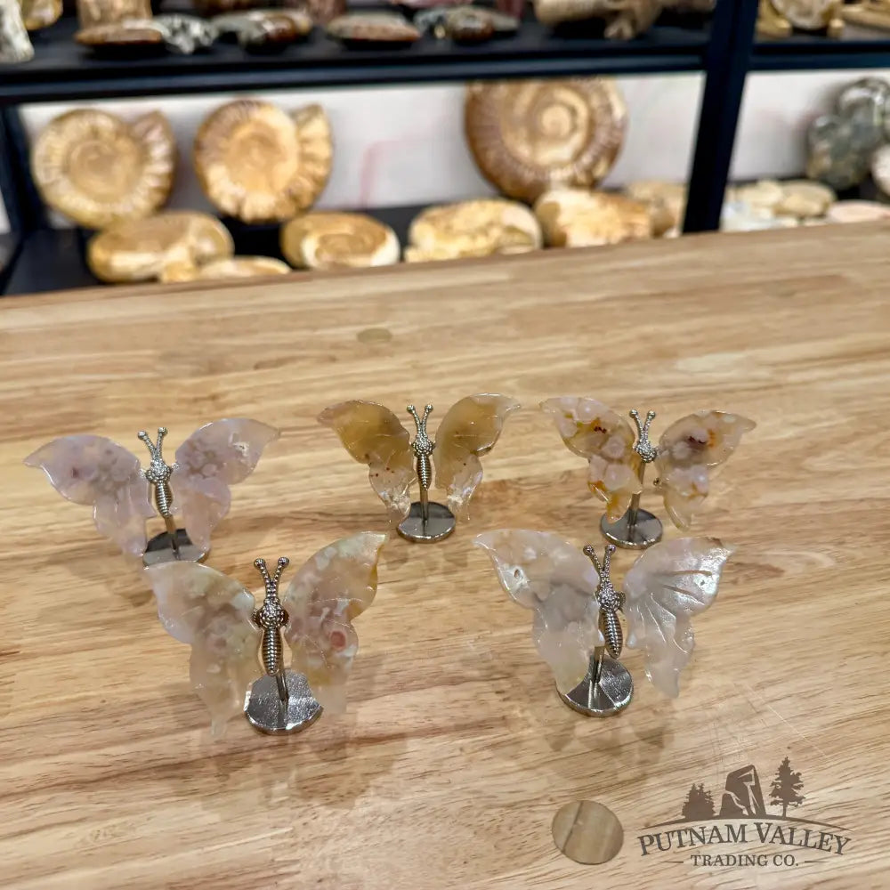 Metal & Stone Butterflies 2’’ Flower Agate Sculpture