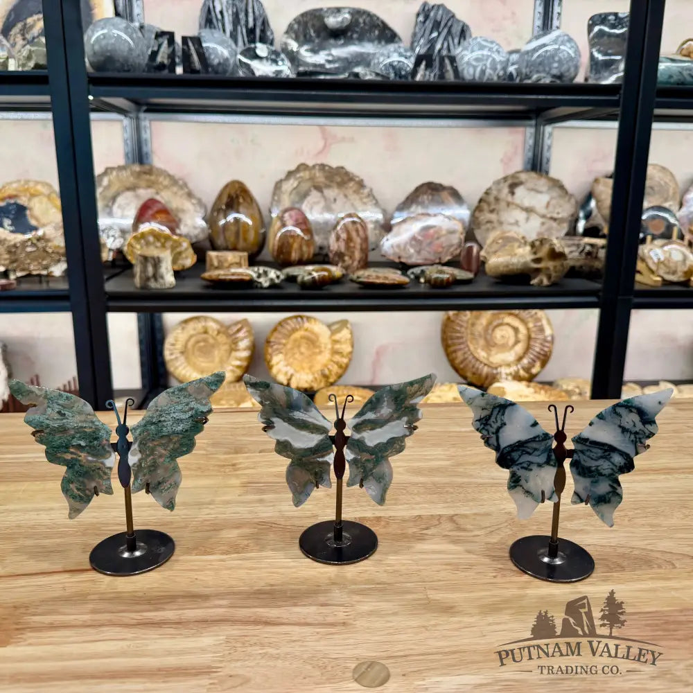 Metal & Stone Butterflies 5’’ Green Moss Agate Sculpture