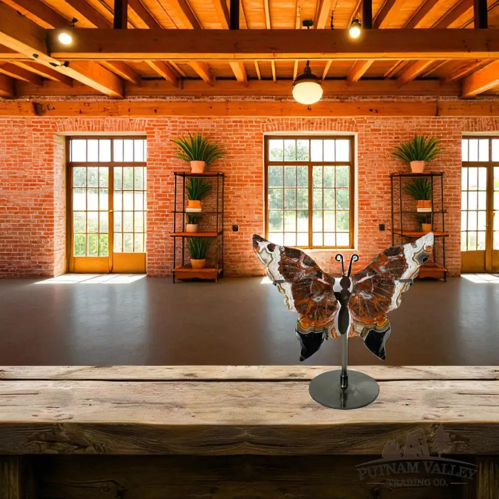 Metal & Stone Butterfly Mexican Lace Agate Sculpture