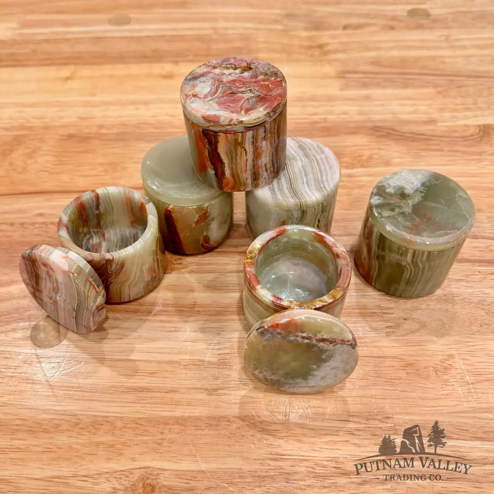 Mini Green Banded Calcite Round Box - Trinket Box