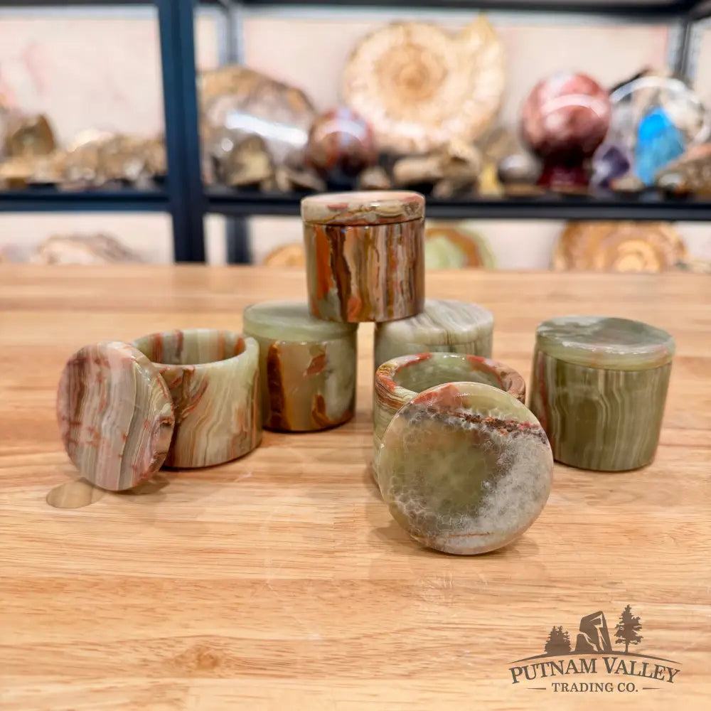 Mini Green Banded Calcite Round Box - Trinket Box