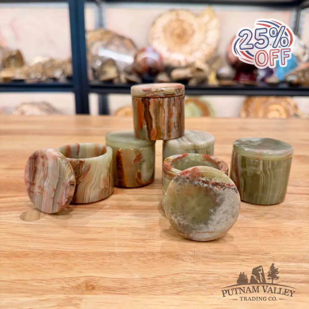 Mini Green Banded Calcite Round Box - Trinket Box