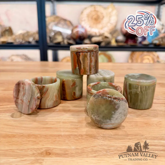 Mini Green Banded Calcite Round Box - Trinket Box