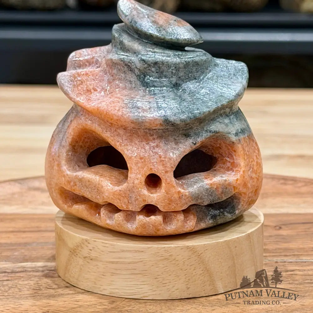 Orange Gray Banded Calcite Jack-O’-Lantern Lamp | Carved Stone Pumpkin - Carved Object