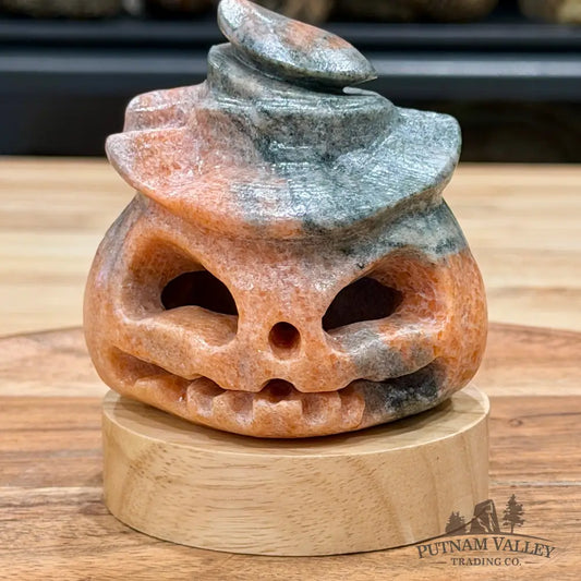 Orange Gray Banded Calcite Jack-O’-Lantern Lamp | Carved Stone Pumpkin - Carved Object
