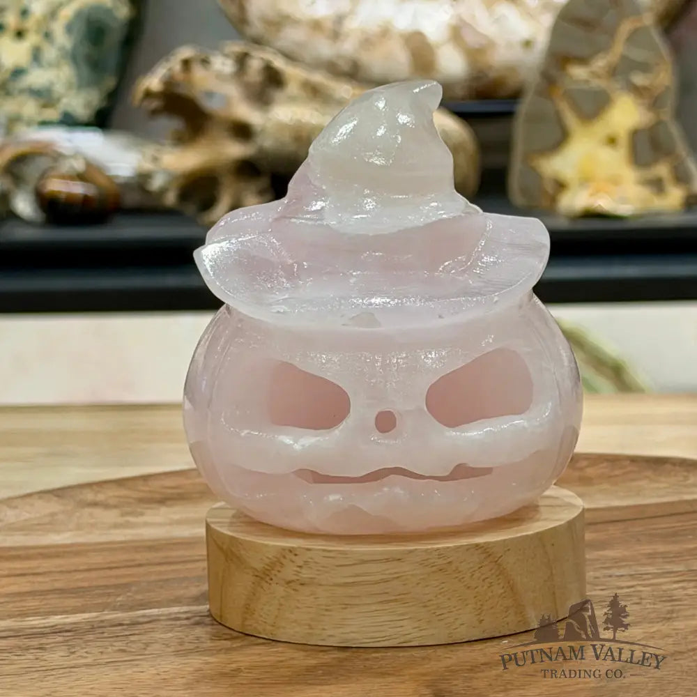 Pink Calcite Jack-O’-Lantern Lamp | Carved Stone Pumpkin - Carved Object
