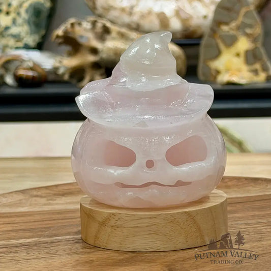 Pink Calcite Jack-O’-Lantern Lamp | Carved Stone Pumpkin - Carved Object
