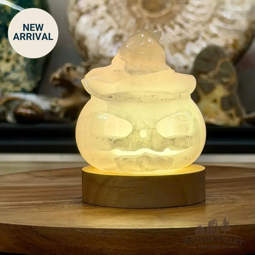Pink Calcite Jack-O’-Lantern Lamp | Carved Stone Pumpkin - Carved Object