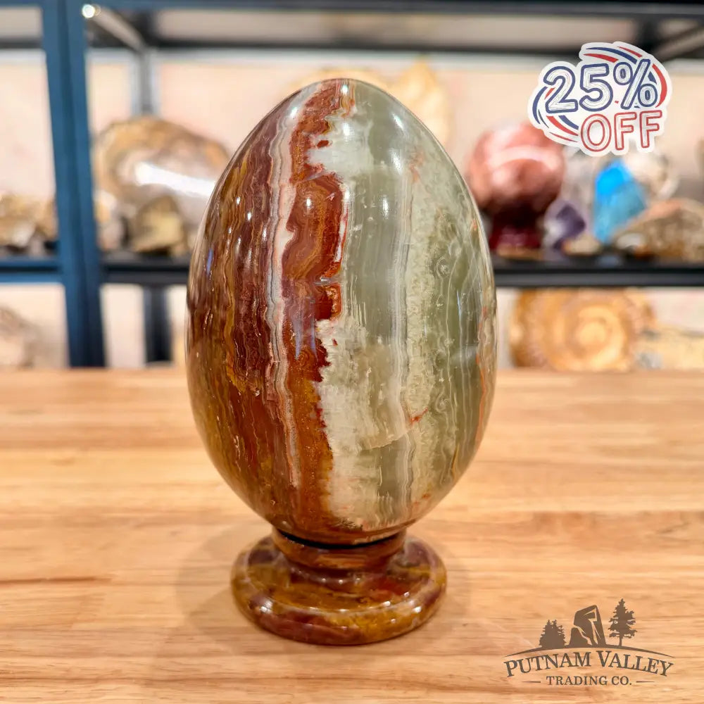 Reserve Green Banded Calcite Egg 6.52’’ + Matching Stand - Egg