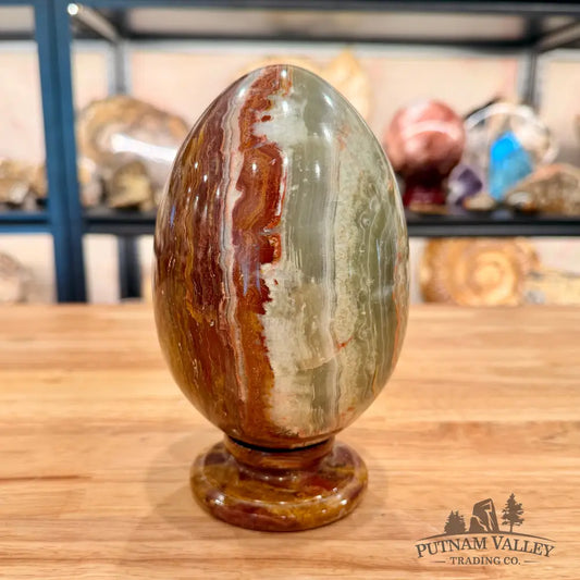 Reserve Green Banded Calcite Egg 6.52’’ + Matching Stand - Egg