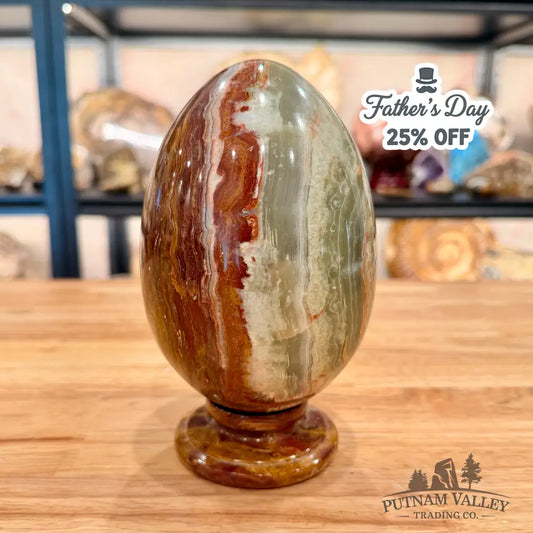 Reserve Green Banded Calcite Egg 6.52’’ + Matching Stand - Egg