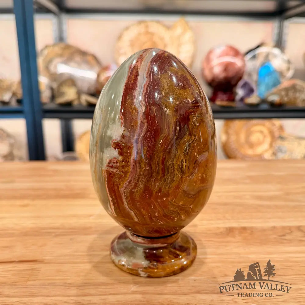 Reserve Green Banded Calcite Egg 6.52’’ + Matching Stand - Egg