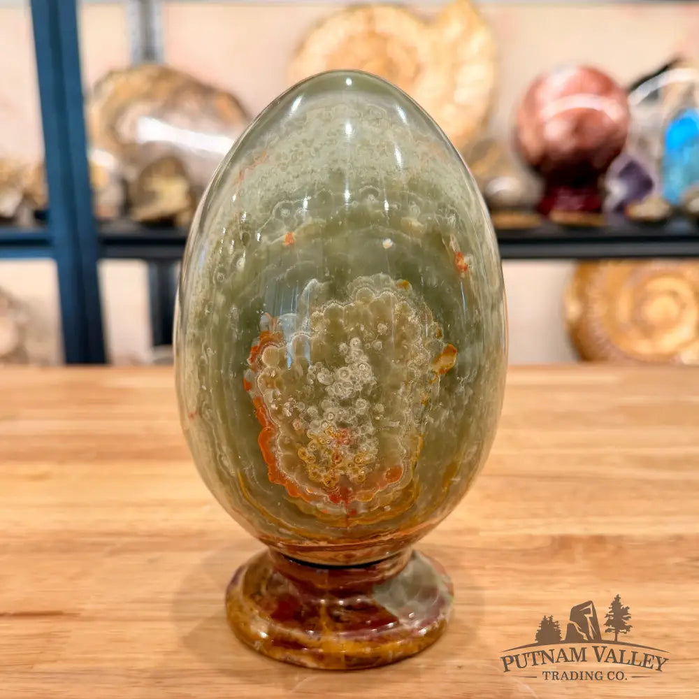 Reserve Green Banded Calcite Egg 6.52’’ + Matching Stand - Egg