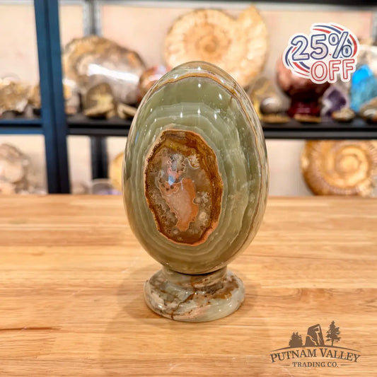 Reserve Green Banded Calcite Egg 6.55’’ + Matching Stand - Egg
