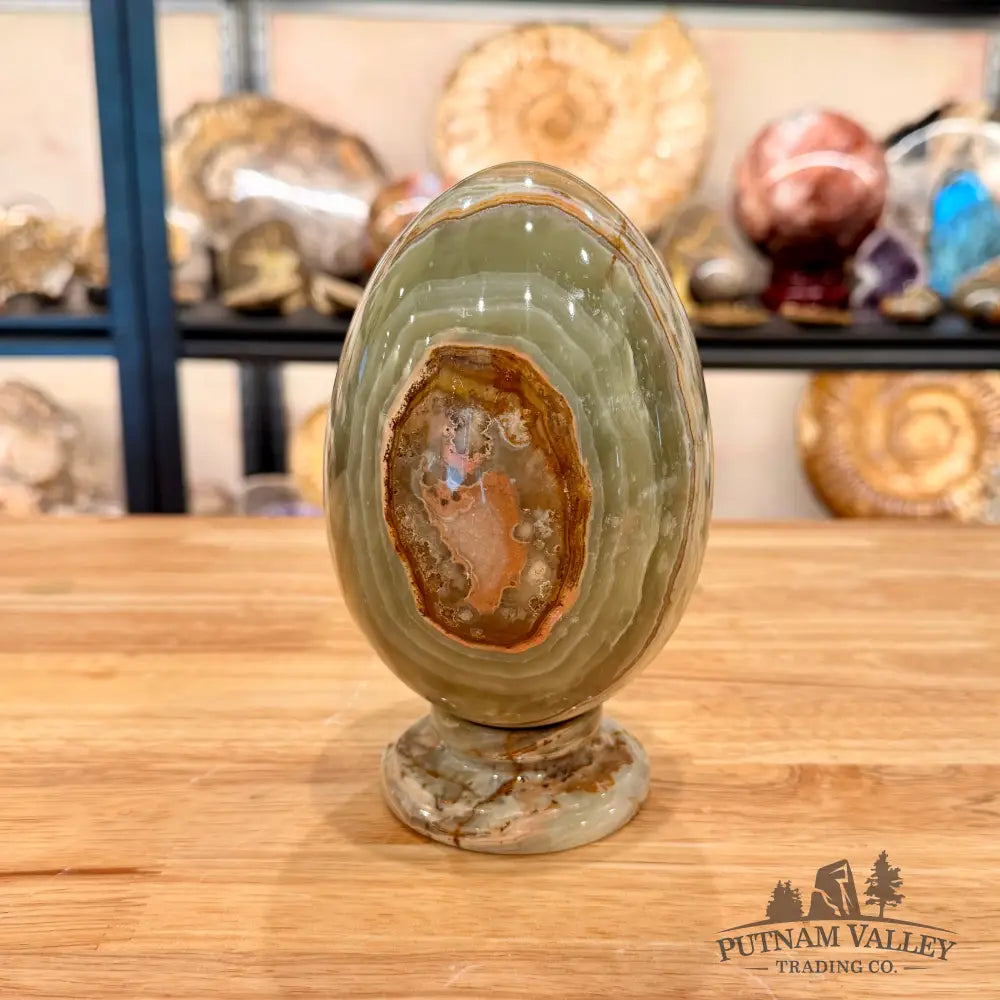Reserve Green Banded Calcite Egg 6.55’’ + Matching Stand - Egg