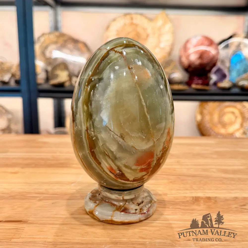 Reserve Green Banded Calcite Egg 6.55’’ + Matching Stand - Egg
