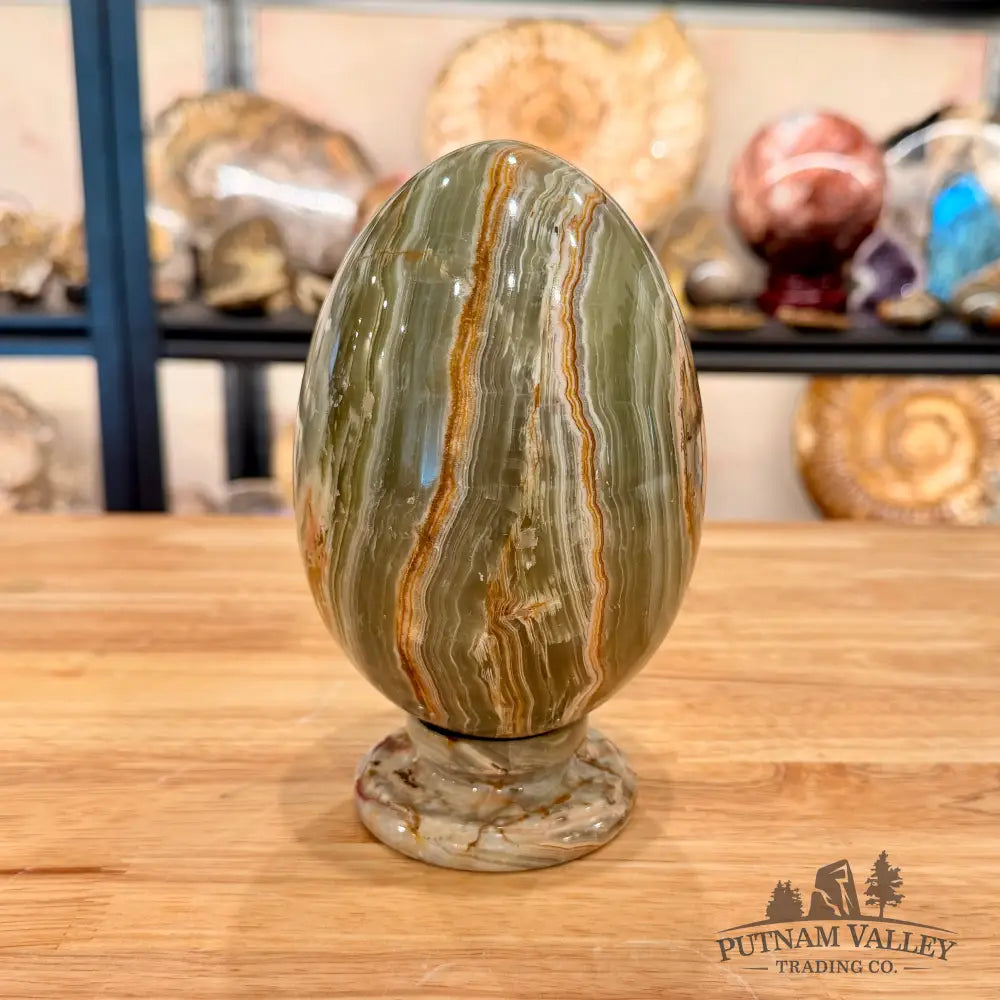 Reserve Green Banded Calcite Egg 6.55’’ + Matching Stand - Egg