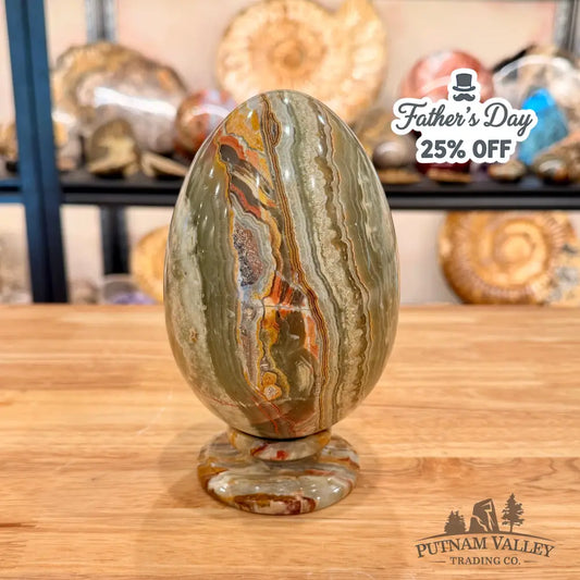 Reserve Green Banded Calcite Egg 6.59’’ + Matching Stand - Egg