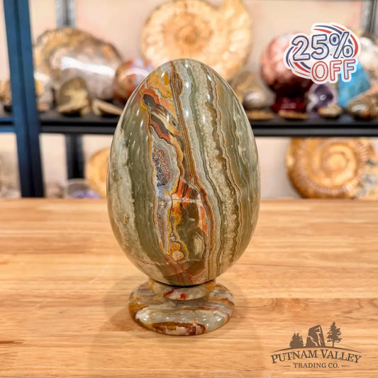 Reserve Green Banded Calcite Egg 6.59’’ + Matching Stand - Egg