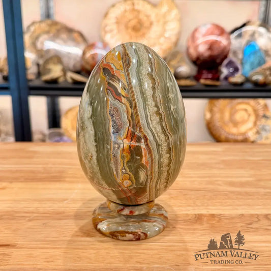 Reserve Green Banded Calcite Egg 6.59’’ + Matching Stand - Egg