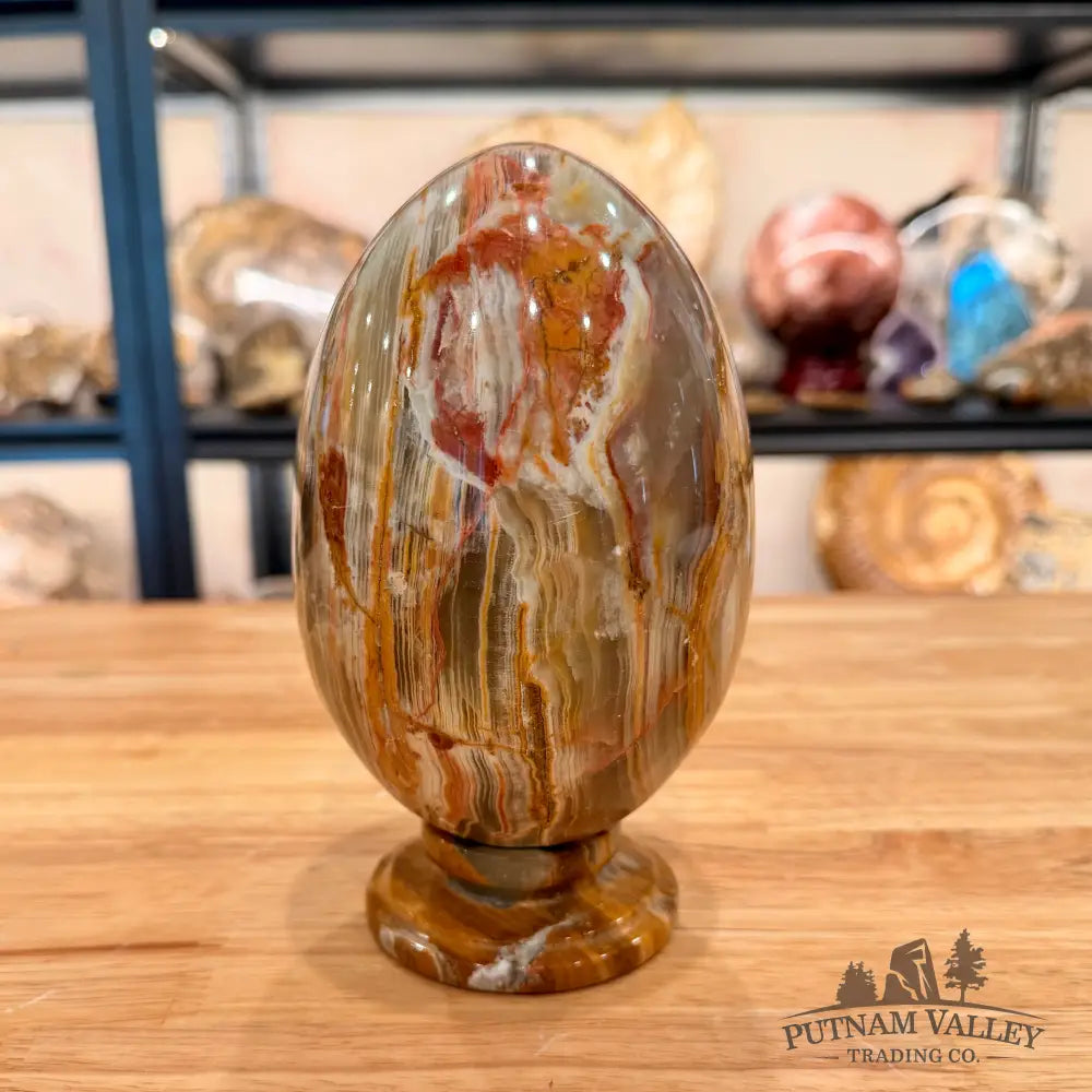 Reserve Green Banded Calcite Egg 6.78’’ + Matching Stand - Egg