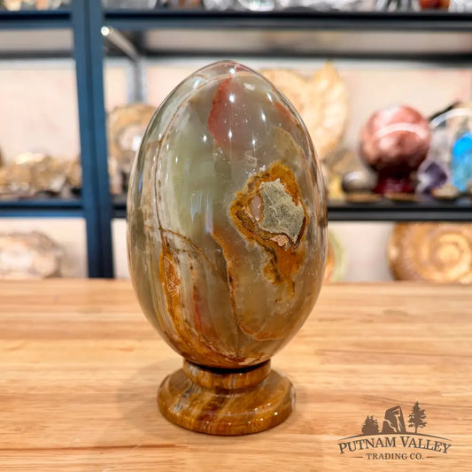 Reserve Green Banded Calcite Egg 6.78’’ + Matching Stand - Egg