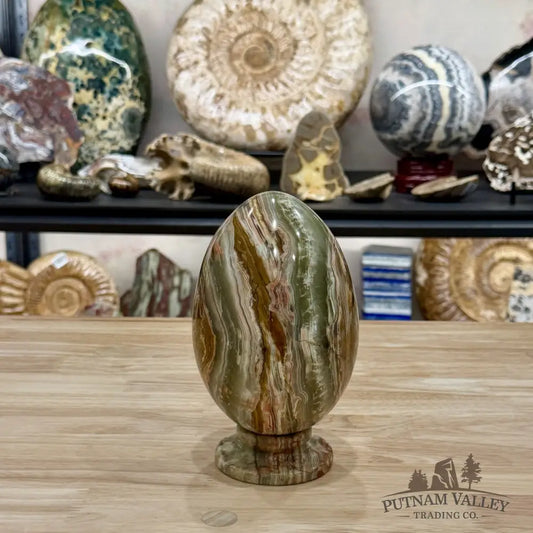 Reserve Green Banded Calcite Egg + Matching Stand 6.55’’ - Egg