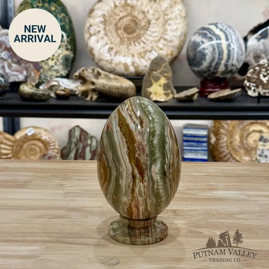 Reserve Green Banded Calcite Egg + Matching Stand 6.55’’ - Egg