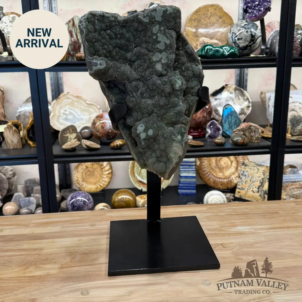 Reserve Uruguayan Green Botryoidal Sugar Druzy Agate + Stand 22.5’’ - Accent