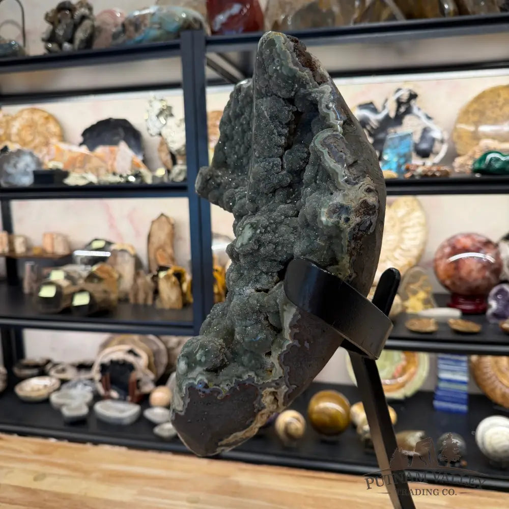 Reserve Uruguayan Green Botryoidal Sugar Druzy Agate + Stand 22.5’’ - Accent