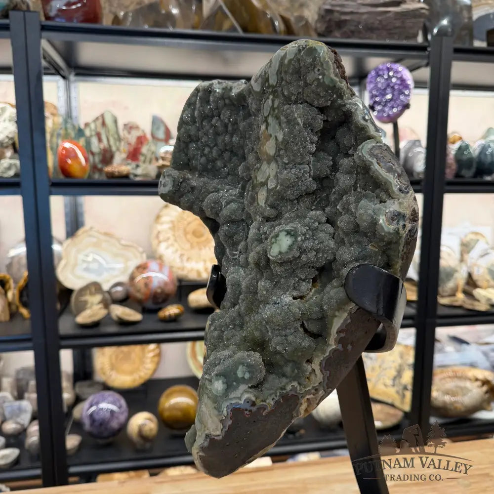 Reserve Uruguayan Green Botryoidal Sugar Druzy Agate + Stand 22.5’’ - Accent