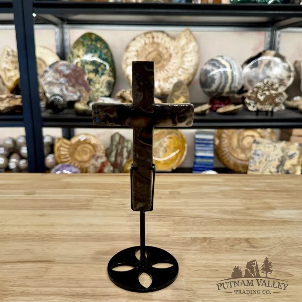Volcano Agate Cross + Stand 9’’ - Free Standing Accent