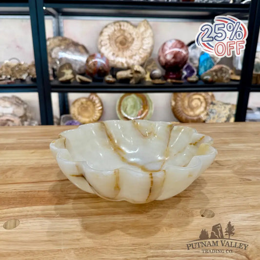 White Banded Calcite Scalloped Bowl 9.65’’ - Bowl