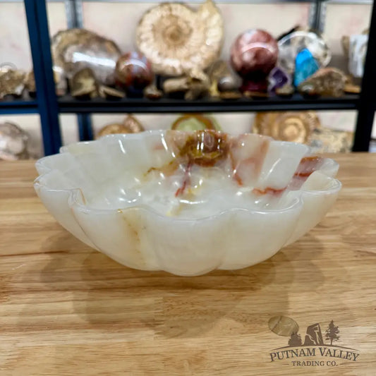 White Banded Calcite Scalloped Bowl 9.75’’ - Bowl